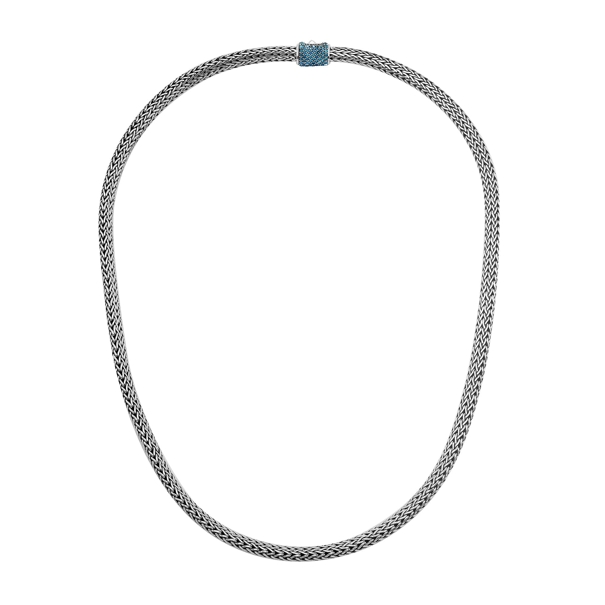 Handmade sterling silver woven chain necklace with blue topaz quartz centerpiece, artisan jewelry from Bali