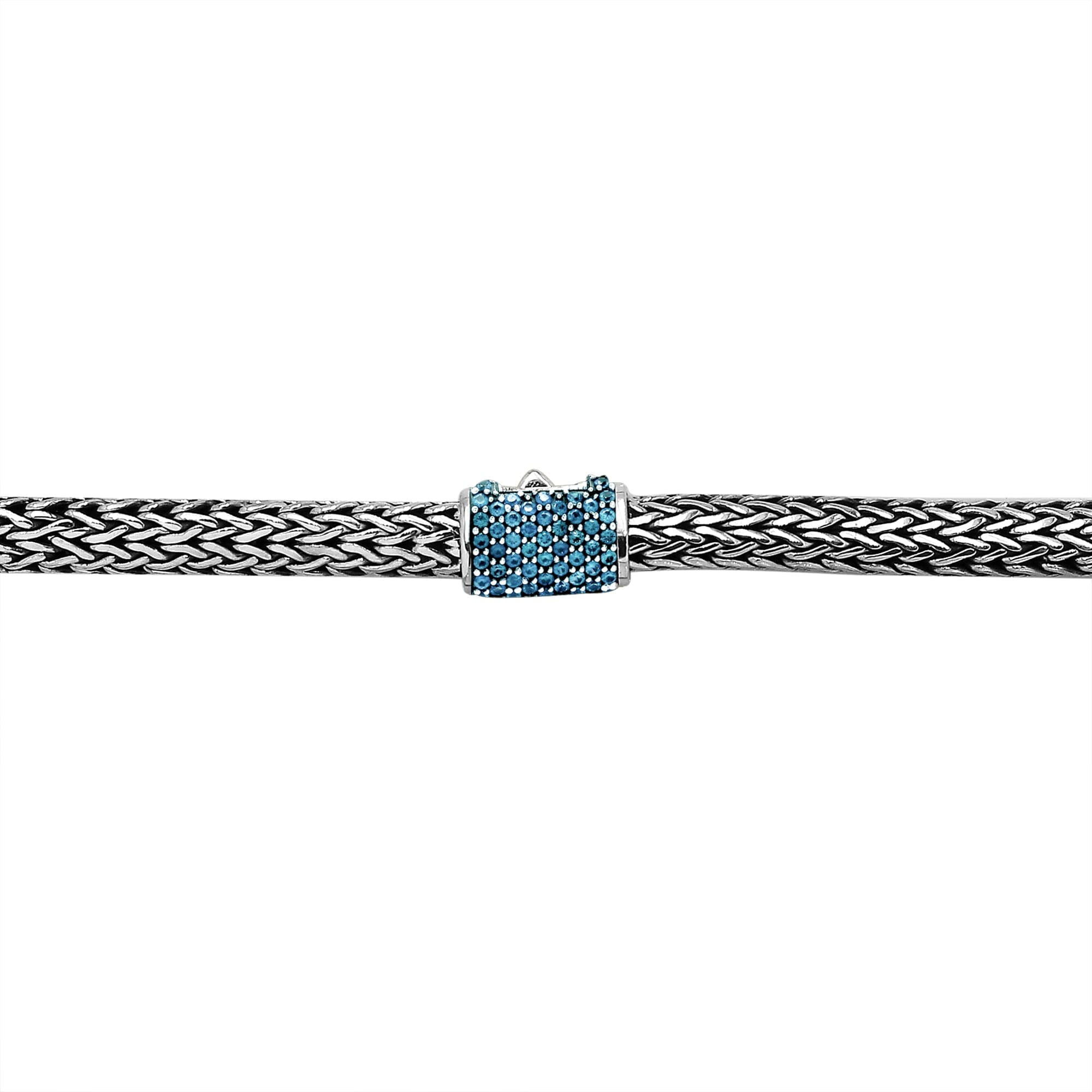 Handmade sterling silver woven chain necklace with blue topaz quartz centerpiece, artisan jewelry from Bali