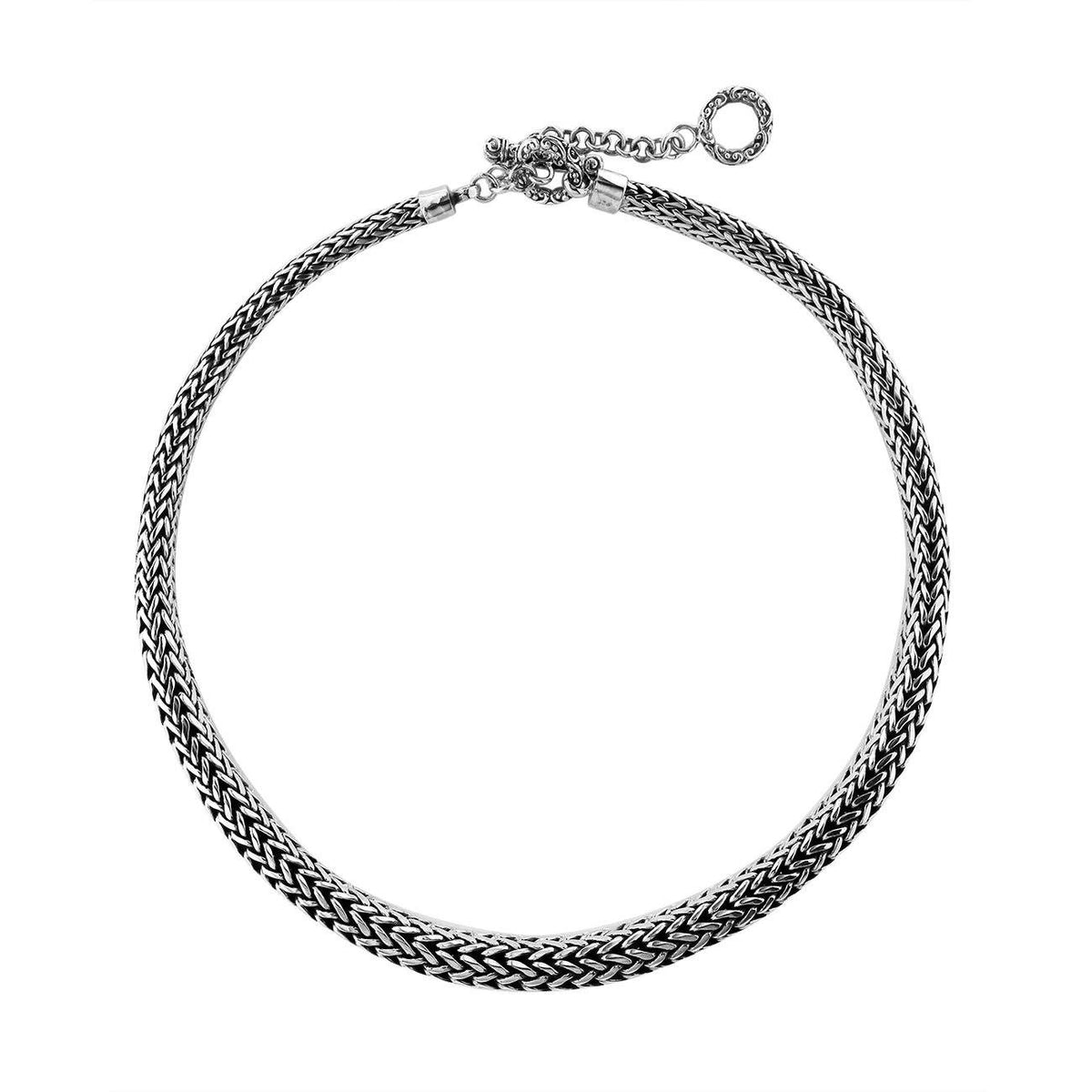 Handcrafted sterling silver 8x10MM graduated wheat chain necklace with artisan clasp, made in Bali.