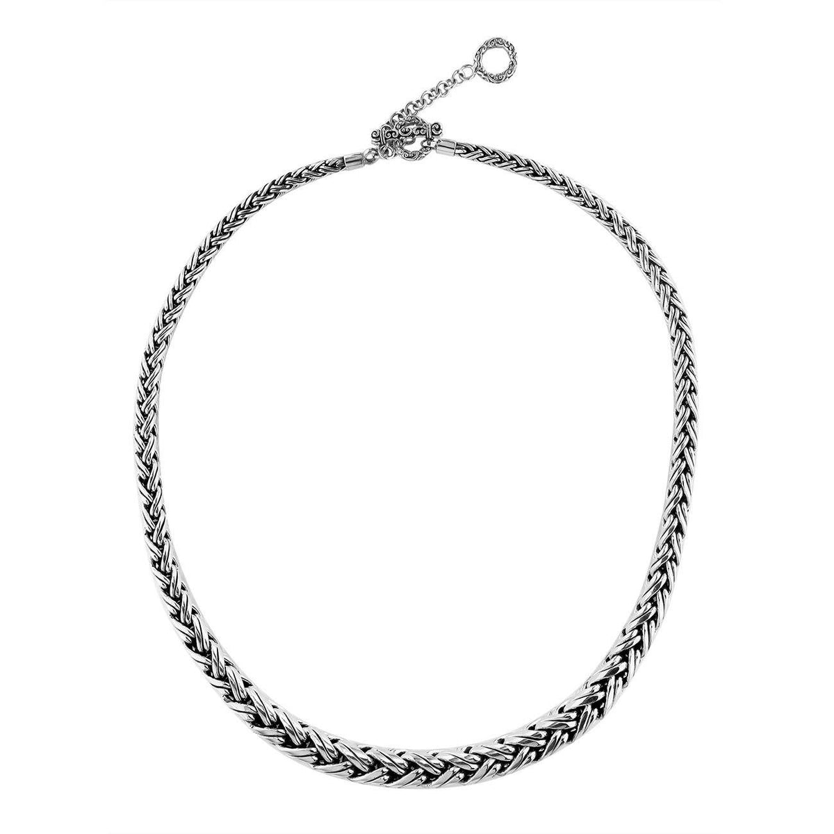 Handcrafted sterling silver graduated necklace with woven design, polished-oxidized finish, and artisan clasp, made in Bali.
