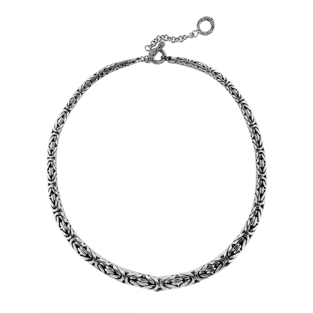 Handcrafted sterling silver graduated round woven chain necklace with oxidized-polished finish and artisan clasp, made in Bali.
