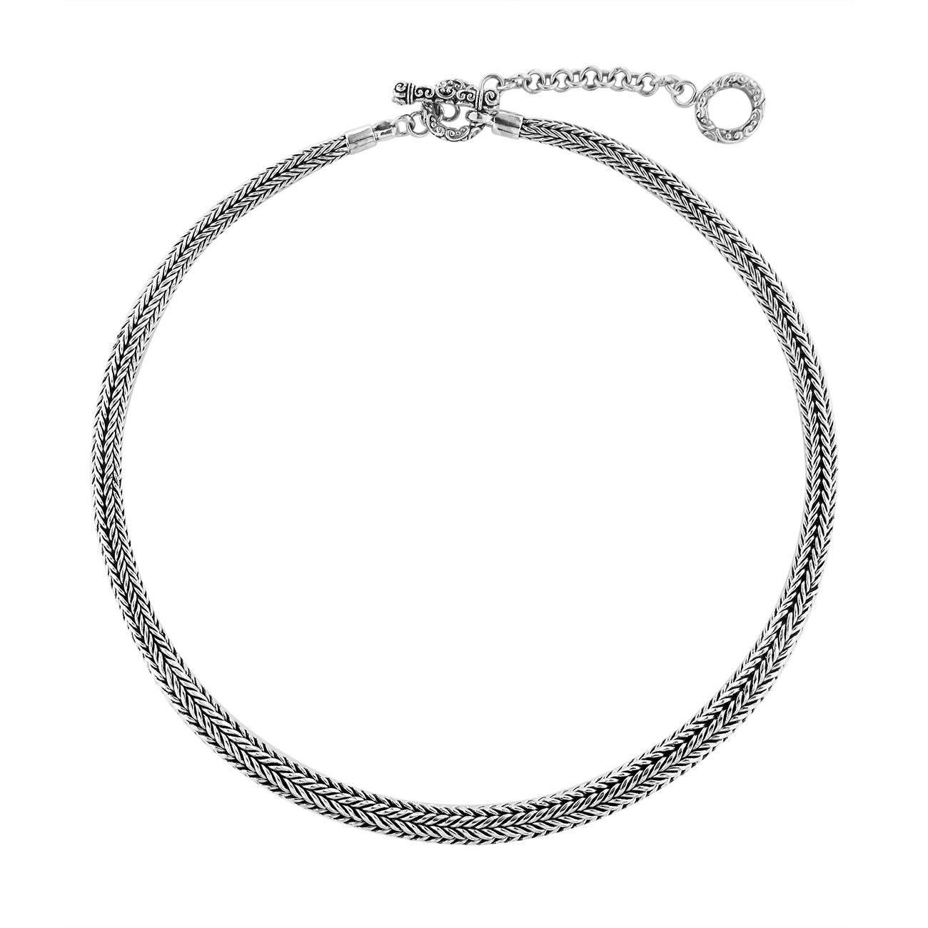 Handcrafted sterling silver wheat chain necklace with polished-oxidized finish and artisan clasp, made in Bali.