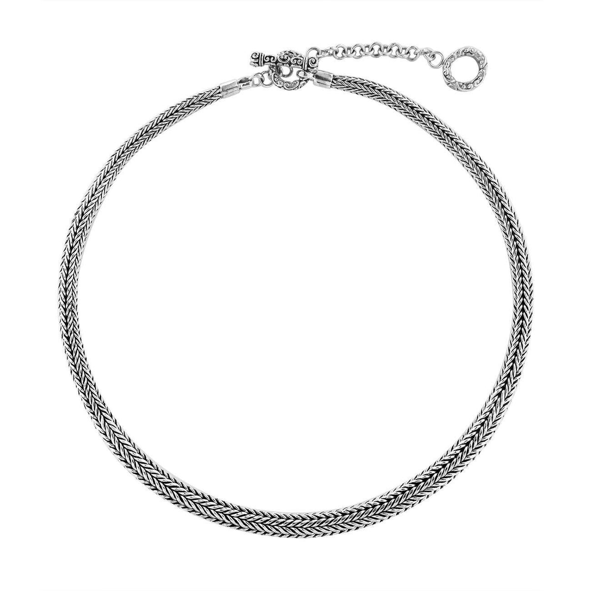 Handcrafted sterling silver wheat chain necklace with polished-oxidized finish and artisan clasp, made in Bali.