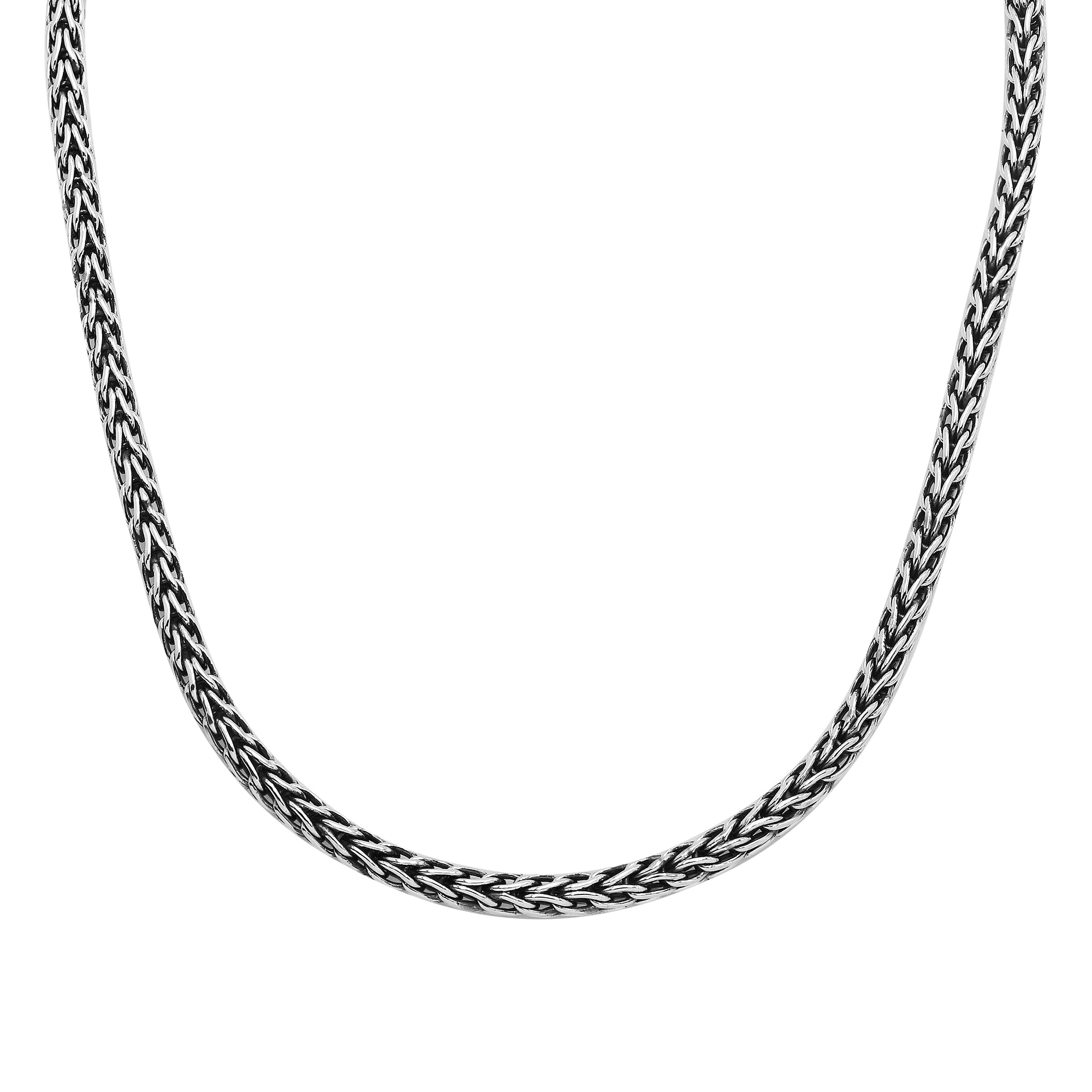 Handcrafted sterling silver woven necklace with polished-oxidized finish and artisan box clasp, made in Bali.