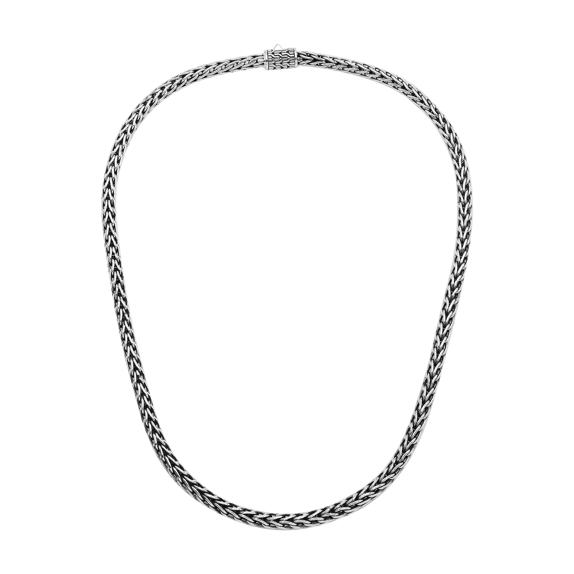 Handcrafted sterling silver woven necklace with polished-oxidized finish and artisan box clasp, made in Bali.