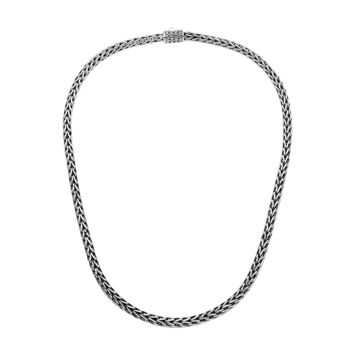 Handcrafted sterling silver woven necklace with polished-oxidized finish and artisan box clasp, made in Bali.