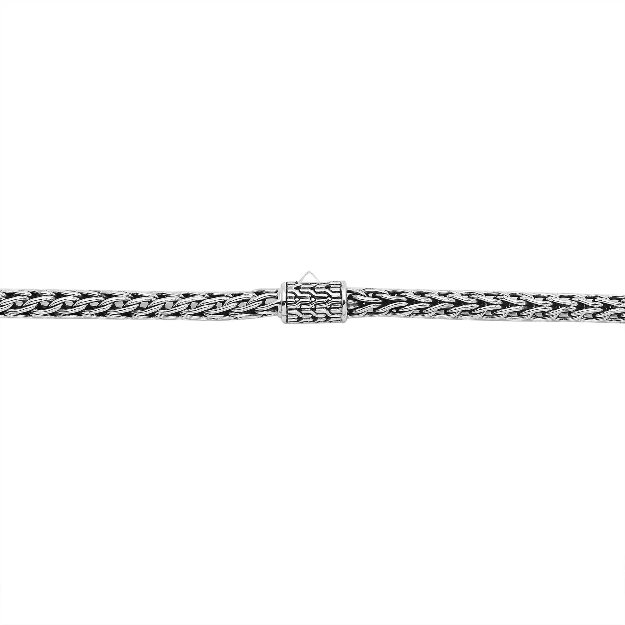 Handcrafted sterling silver woven necklace with polished-oxidized finish and artisan box clasp, made in Bali.