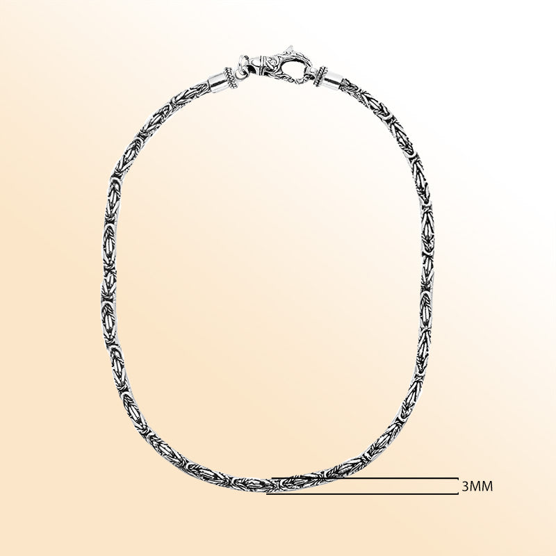 Handcrafted sterling silver 3MM Bali chain necklace with hook clasp and artisan polished-oxidized finish, made in Bali.