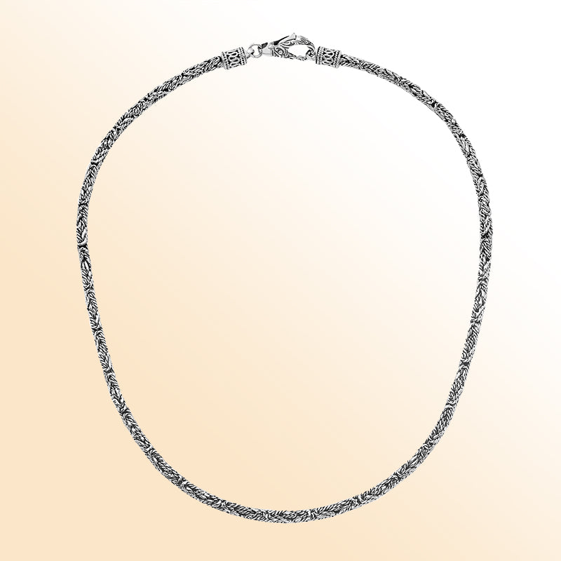 Handcrafted Bali 3MM sterling silver chain with detailed woven design and lobster clasp closure.