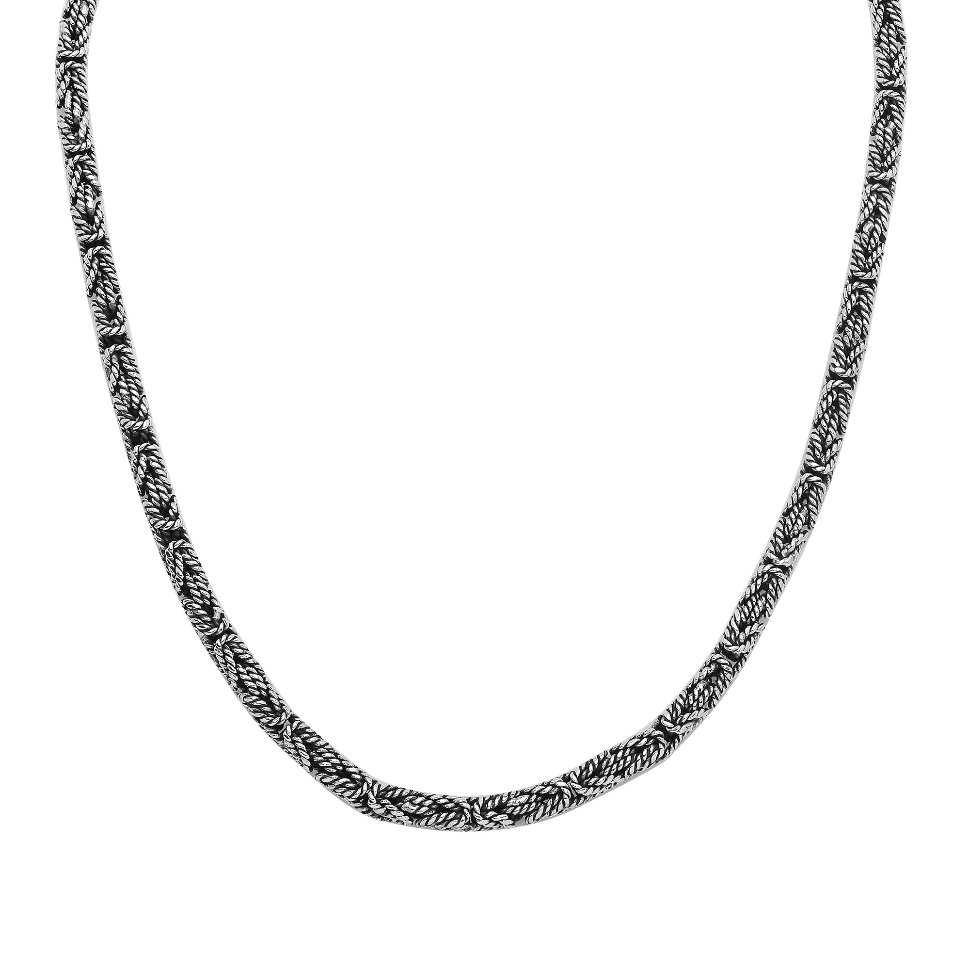 Handcrafted Bali 4MM sterling silver chain with detailed woven design and lobster clasp closure.