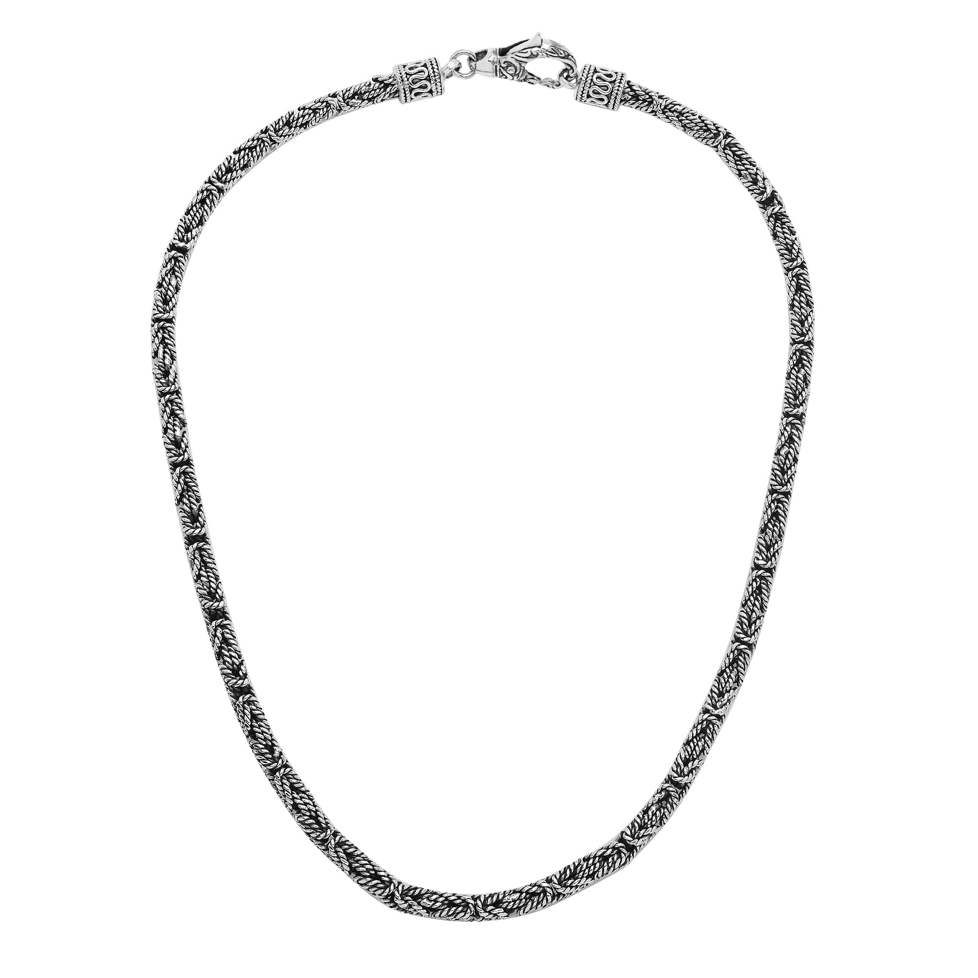 Handcrafted Bali 4MM sterling silver chain with detailed woven design and lobster clasp closure.