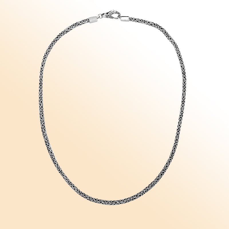 Handcrafted Bali sterling silver Byzantine square chain with lobster clasp and oxidized-polished finish.