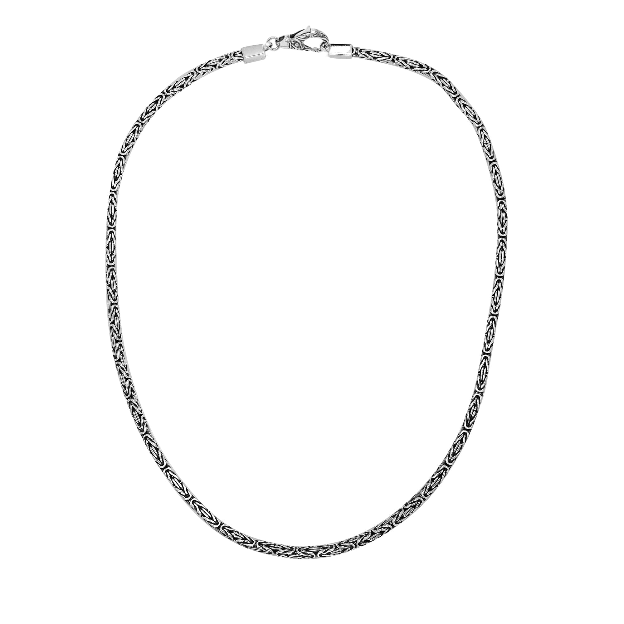 Handcrafted Bali sterling silver Byzantine square chain with lobster clasp and oxidized-polished finish.
