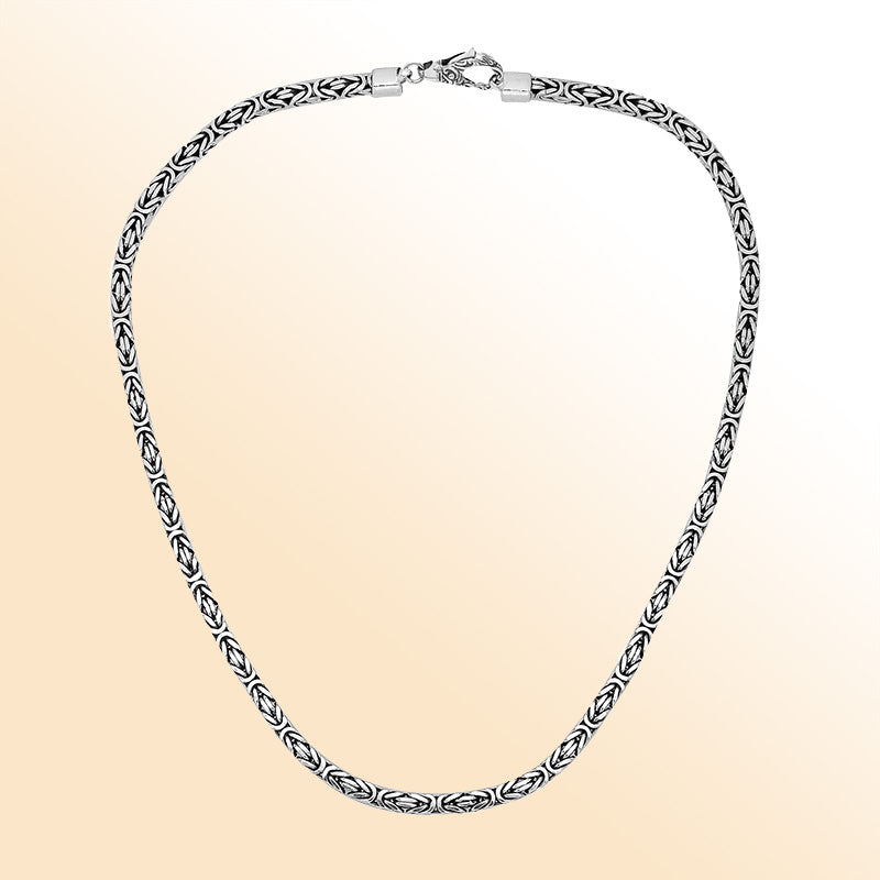 Handcrafted Bali 4MM sterling silver Byzantine square chain with oxidized-polished finish and lobster clasp.
