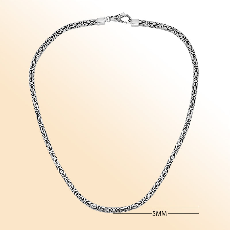 Handcrafted Bali 5MM sterling silver Byzantine square chain with oxidized-polished finish and lobster clasp.