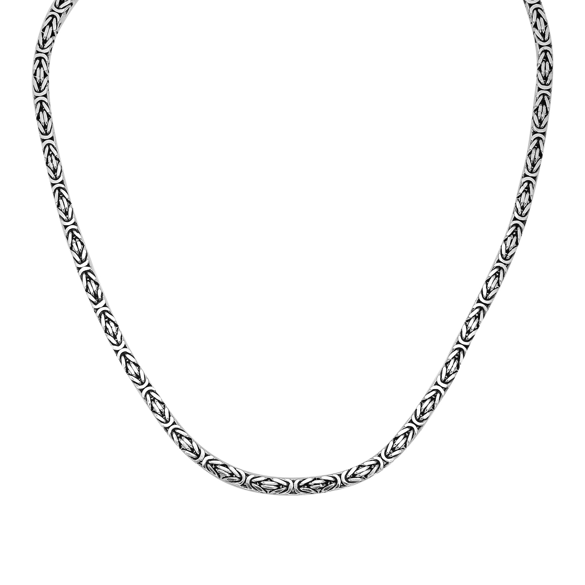 Handcrafted Bali 5MM sterling silver Byzantine square chain with oxidized-polished finish and lobster clasp.