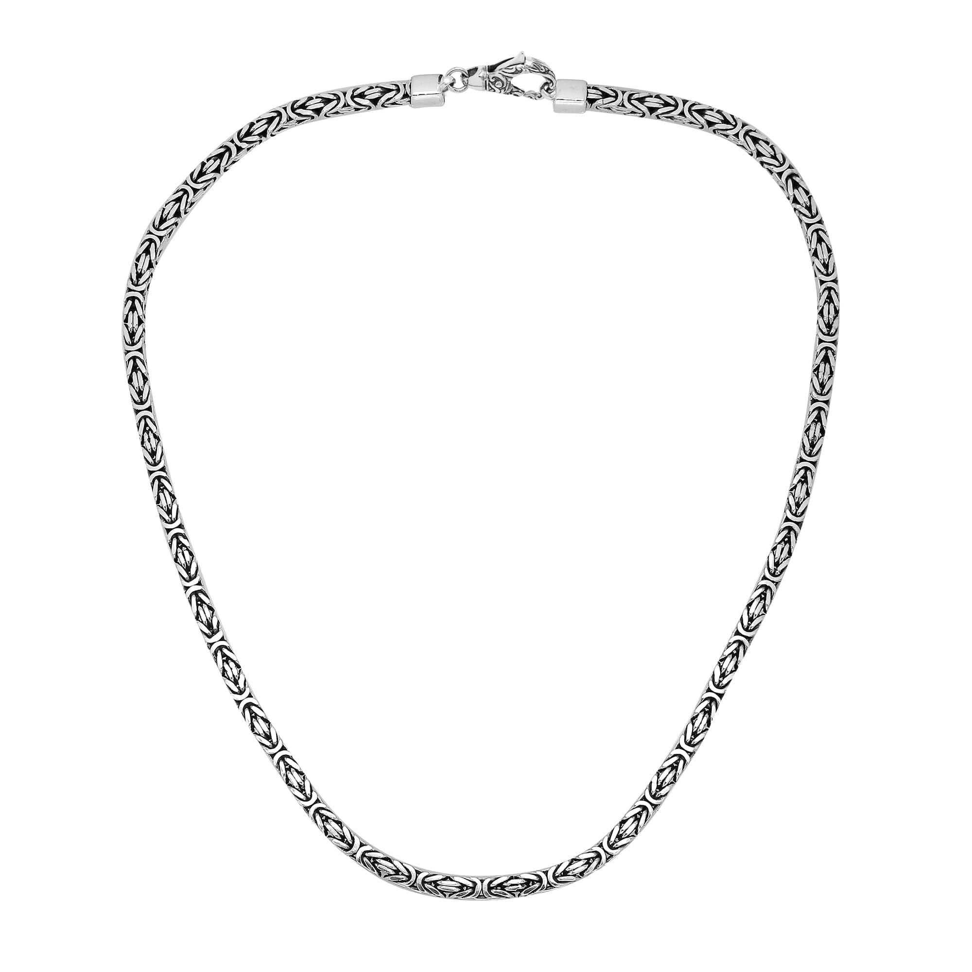Handcrafted Bali 5MM sterling silver Byzantine square chain with oxidized-polished finish and lobster clasp.