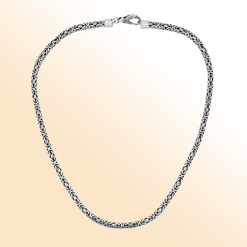 Handcrafted Bali 5MM sterling silver Byzantine square chain with oxidized-polished finish and lobster clasp.