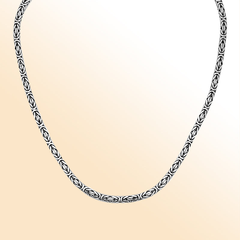 Handcrafted Bali 5MM sterling silver Byzantine square chain with oxidized-polished finish and lobster clasp.