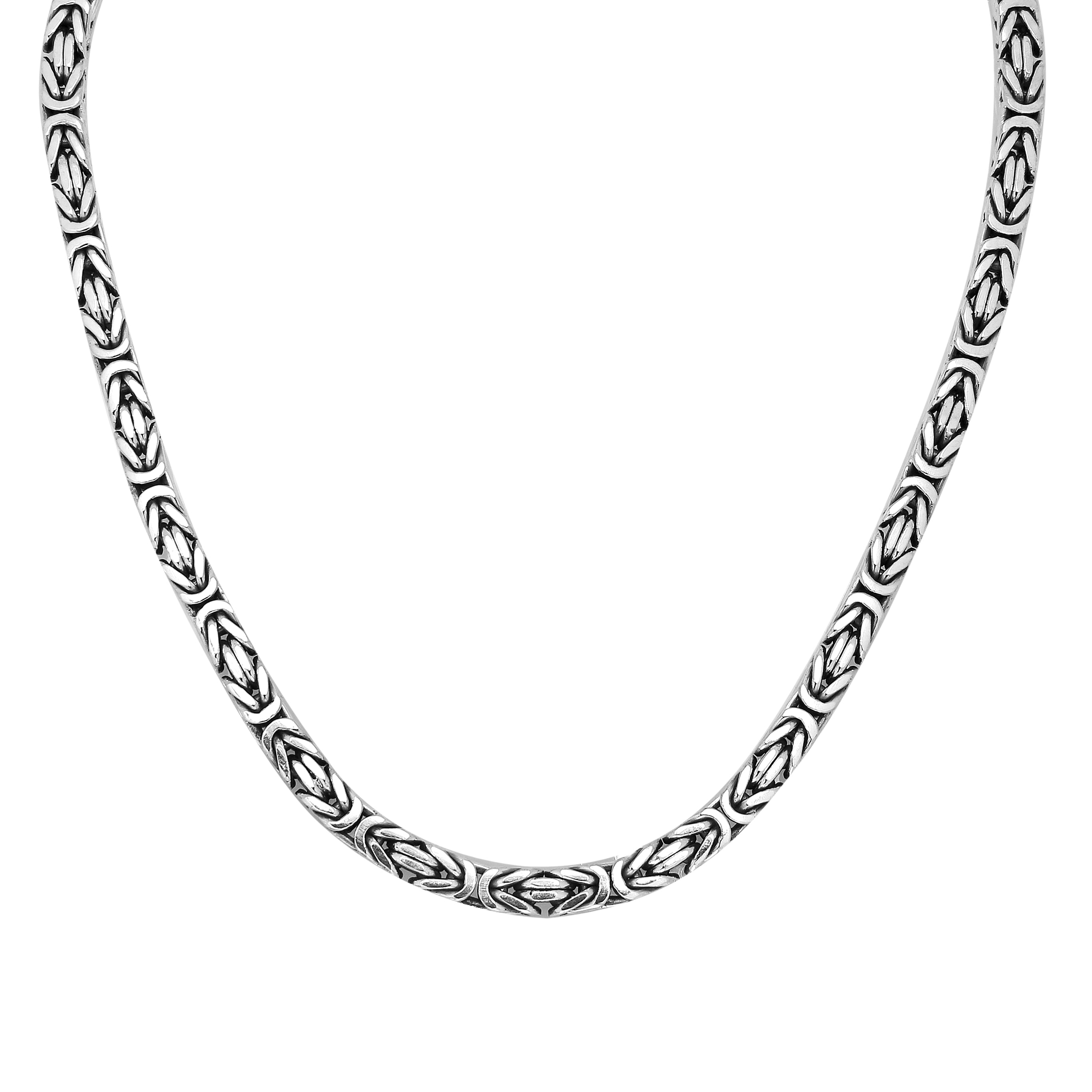 Handcrafted Bali 6MM sterling silver Byzantine square chain with oxidized-polished finish and lobster clasp.