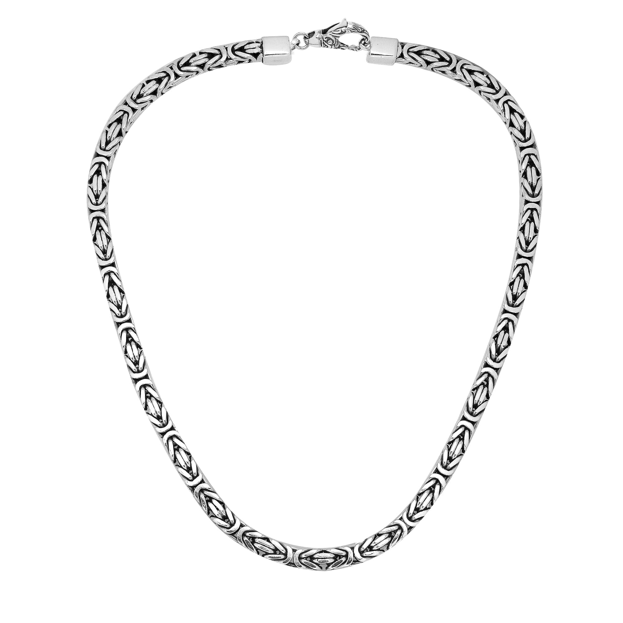 Handcrafted Bali 6MM sterling silver Byzantine square chain with oxidized-polished finish and lobster clasp.