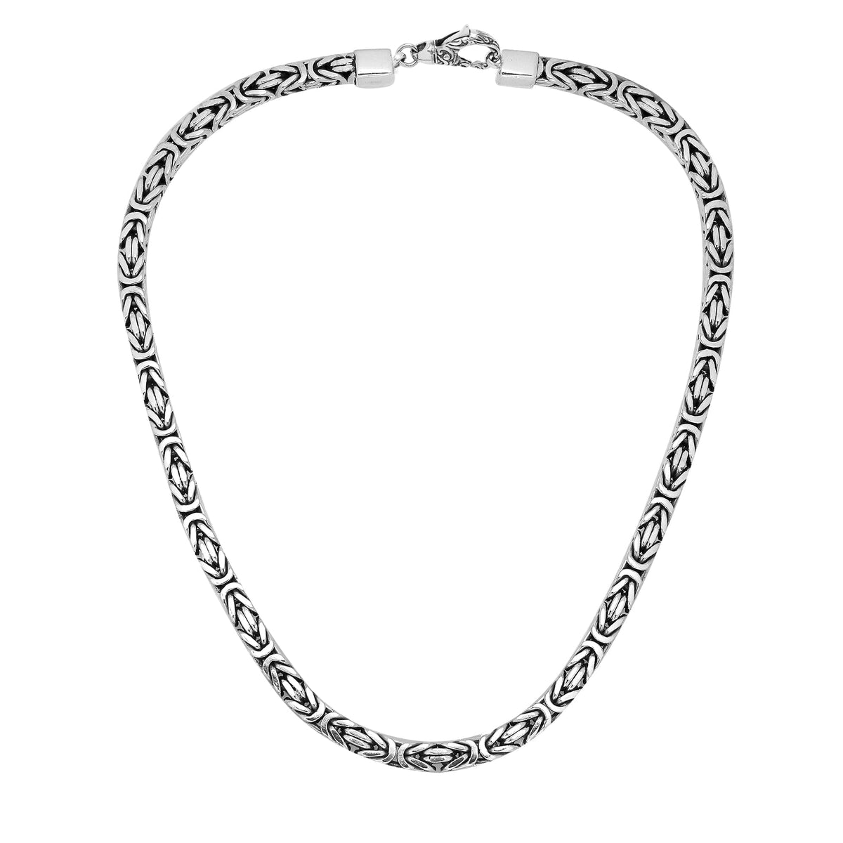 Handcrafted Bali 6MM sterling silver Byzantine square chain with oxidized-polished finish and lobster clasp.