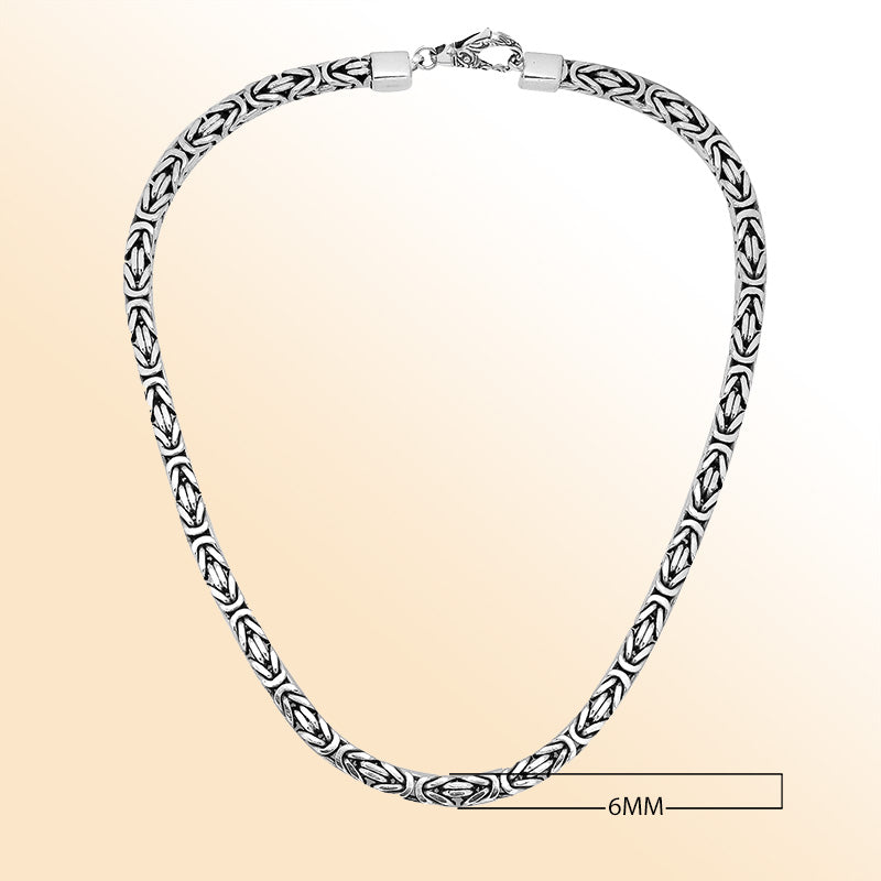 Handcrafted Bali 6MM sterling silver Byzantine square chain with oxidized-polished finish and lobster clasp.