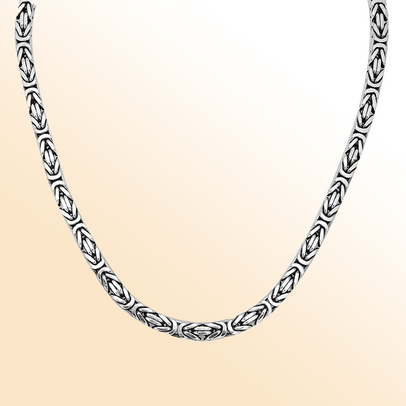 Handcrafted Bali 6MM sterling silver Byzantine square chain with oxidized-polished finish and lobster clasp.