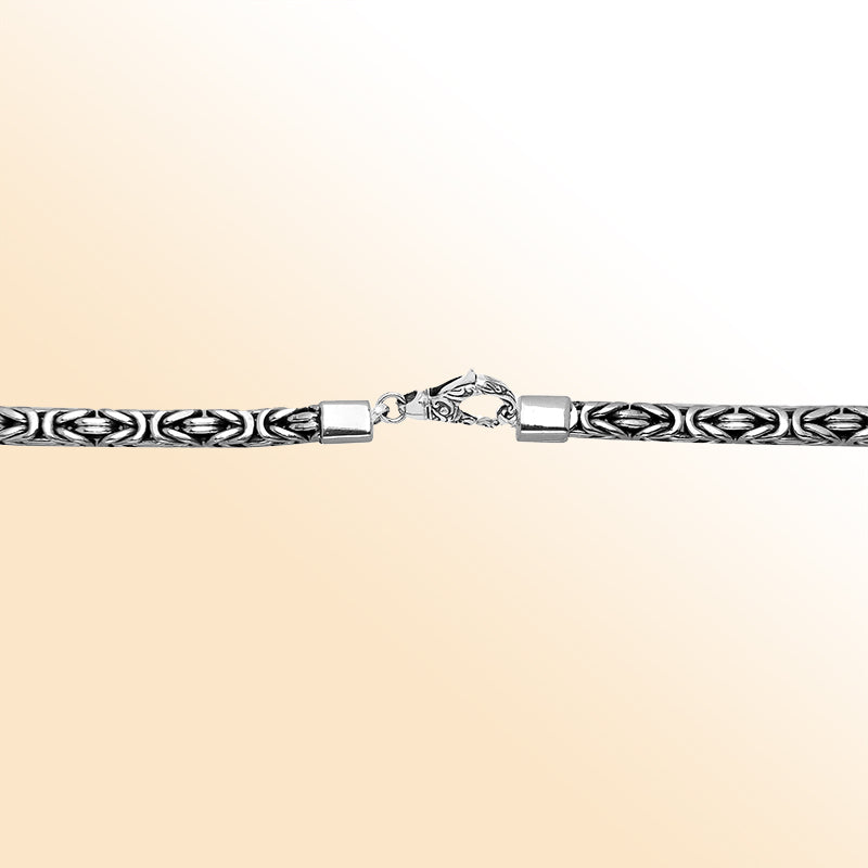 Handcrafted Bali 6MM sterling silver Byzantine square chain with oxidized-polished finish and lobster clasp.