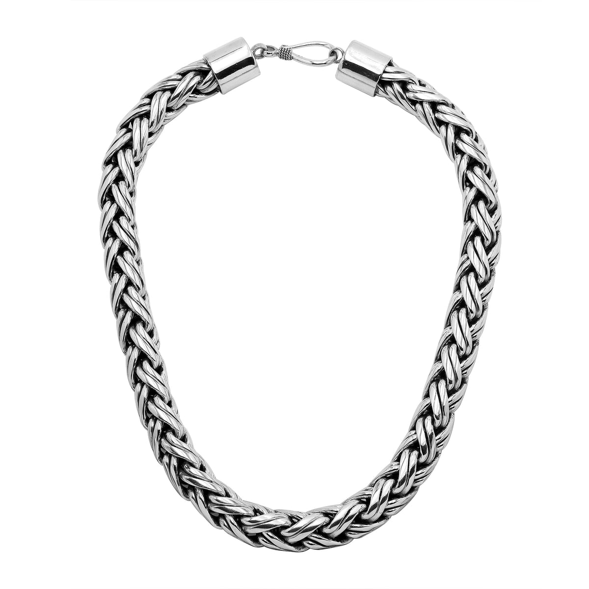 Handcrafted Bali 15MM sterling silver woven chain necklace with oxidized-polished finish and hook clasp.