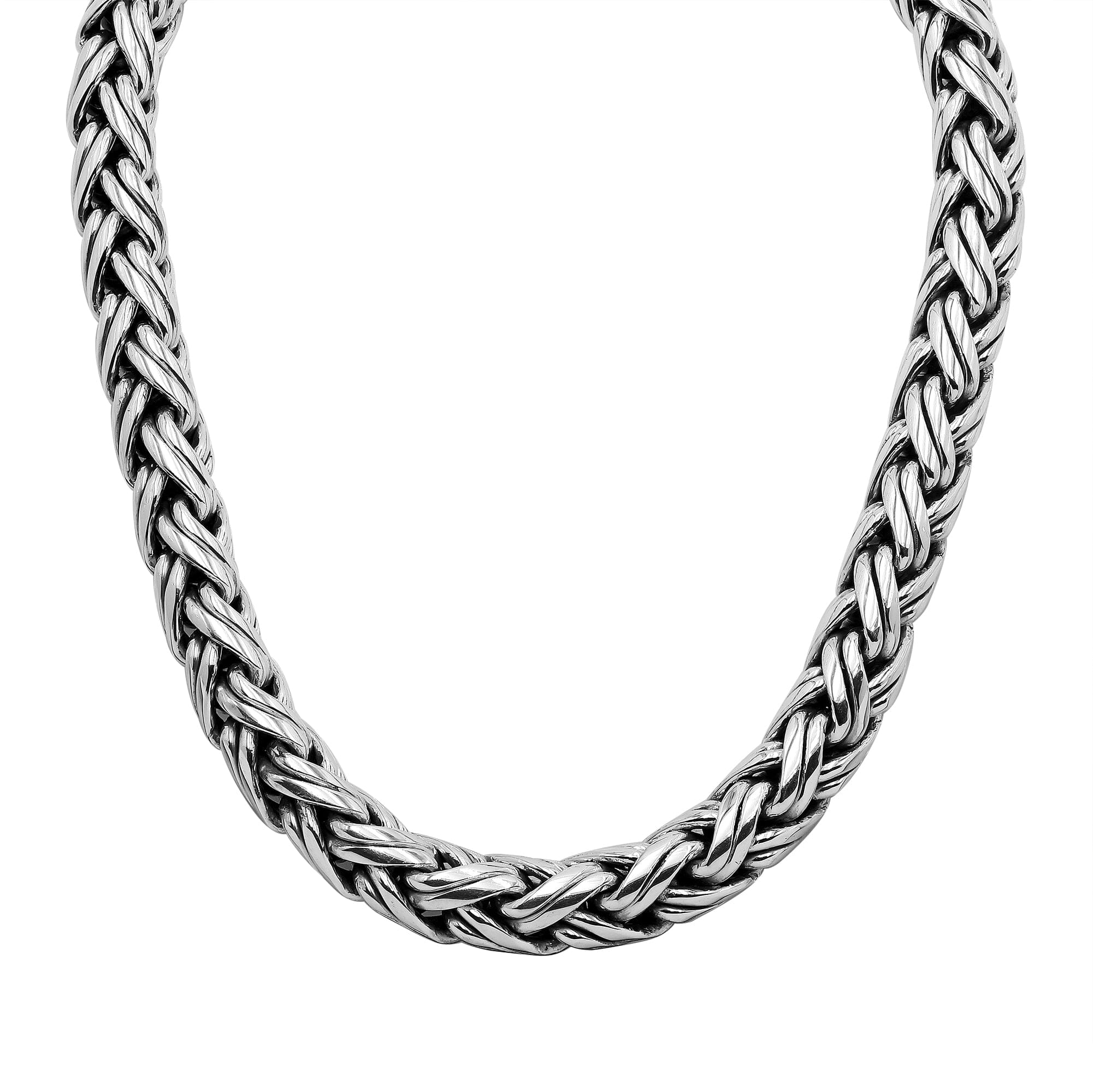 Handcrafted Bali 15MM sterling silver woven chain necklace with oxidized-polished finish and hook clasp.