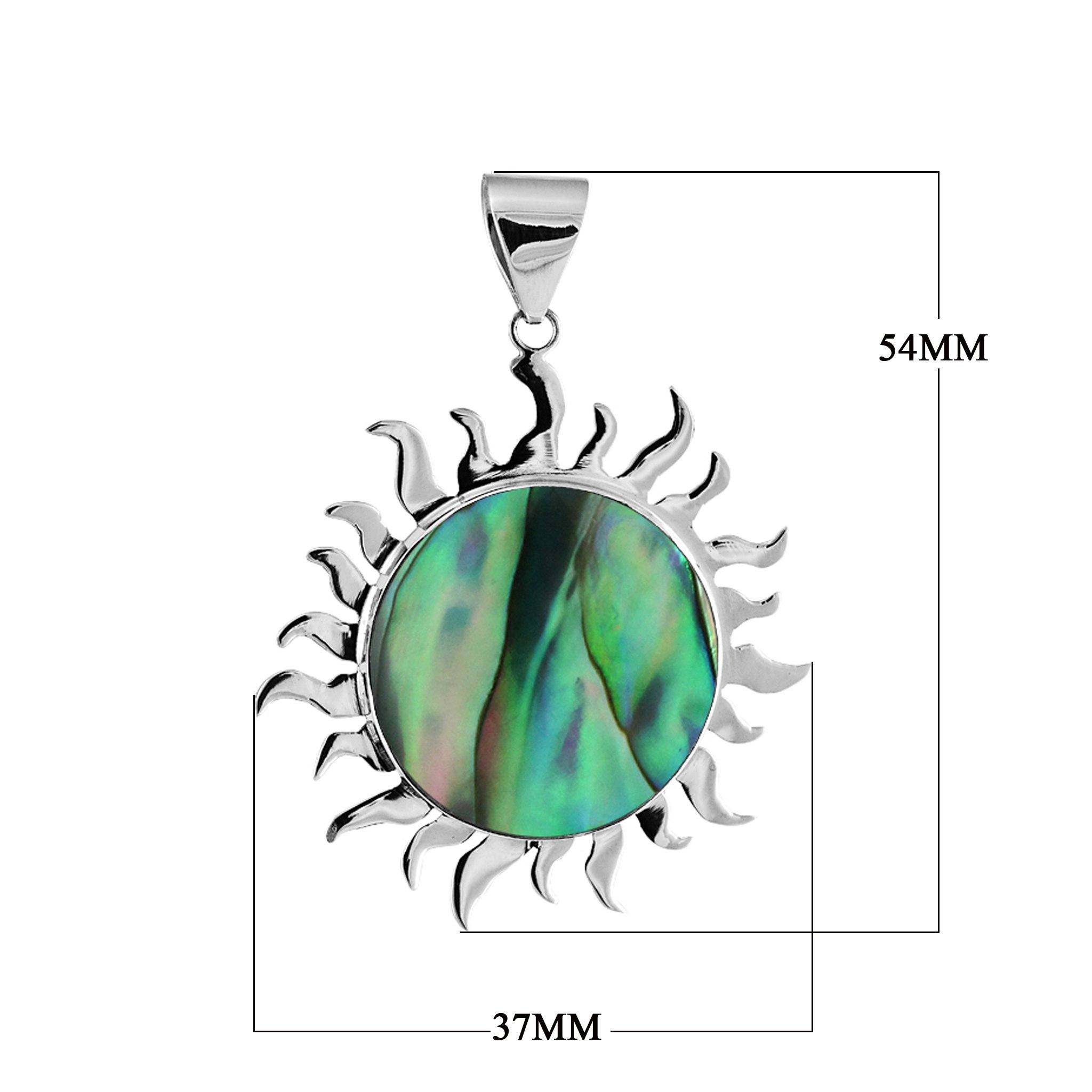 Handcrafted sterling silver sun pendant with vibrant Abalone Shell center, artisan Bali jewelry with ocean-inspired shimmer.
