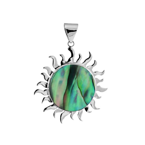 Handcrafted sterling silver sun pendant with vibrant Abalone Shell center, artisan Bali jewelry with ocean-inspired shimmer.