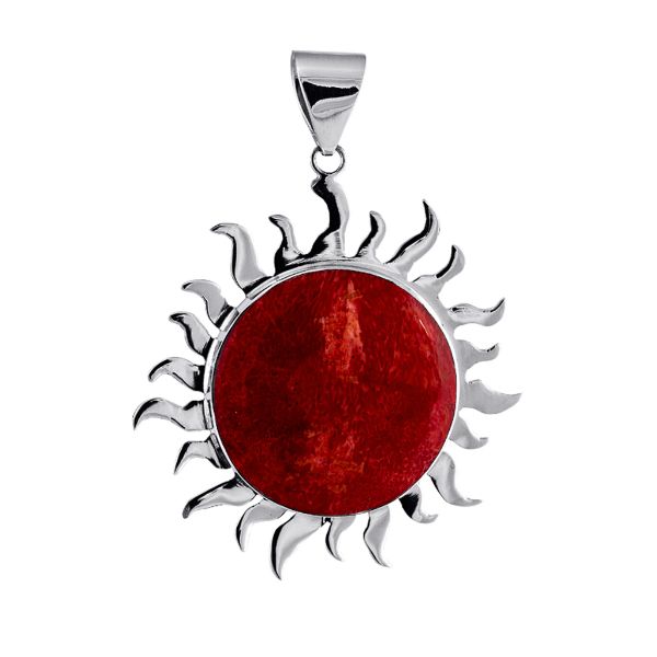 Handcrafted sterling silver sun pendant with vibrant red coral centerpiece, artisan Bali jewelry for bold everyday style.
