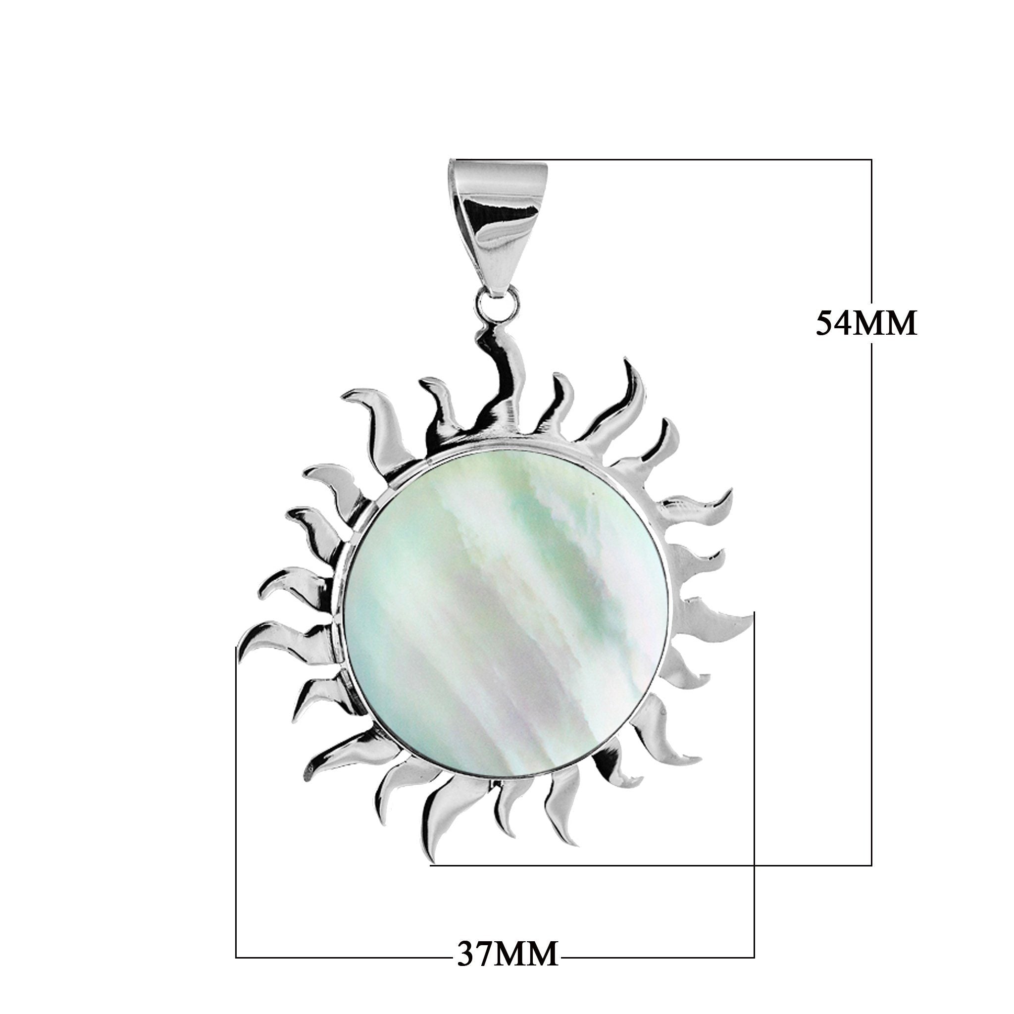 Handcrafted sterling silver sun pendant with luminous Mother of Pearl centerpiece, artisan Bali jewelry for elegant everyday style.