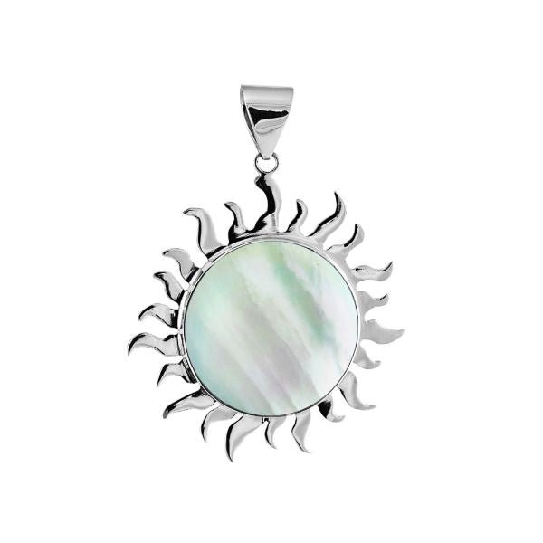 Handcrafted sterling silver sun pendant with luminous Mother of Pearl centerpiece, artisan Bali jewelry for elegant everyday style.