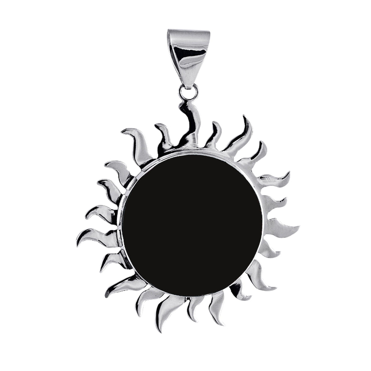 Handcrafted sterling silver sunburst pendant with polished black shell center, elegant Bali artisan jewelry.