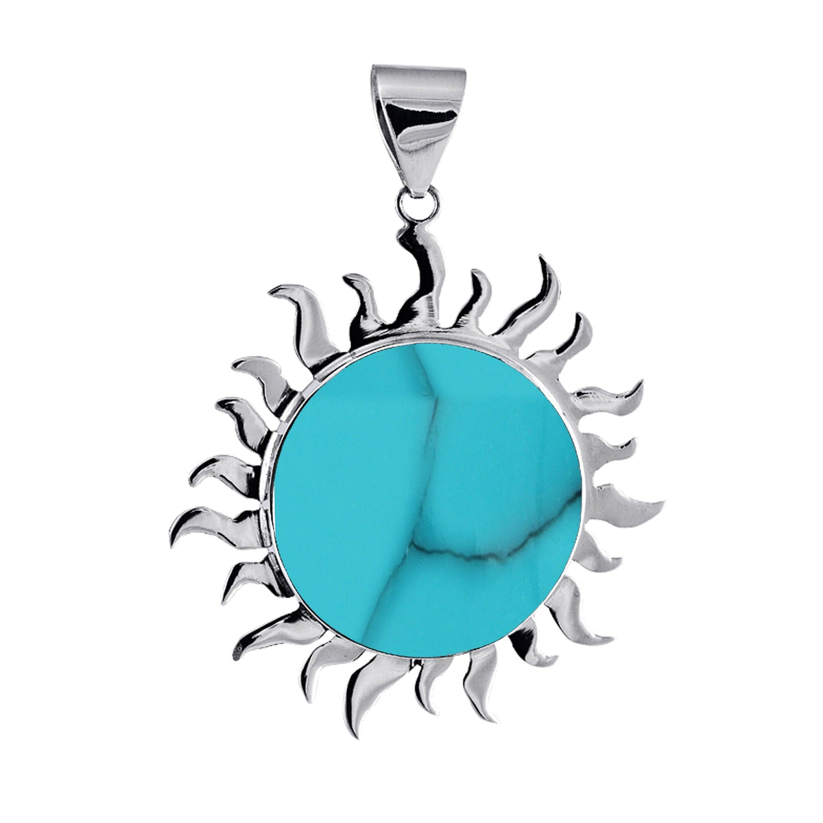 Handcrafted sterling silver sun pendant with vibrant Turquoise Shell, artisan Bali jewelry for bold everyday style. 