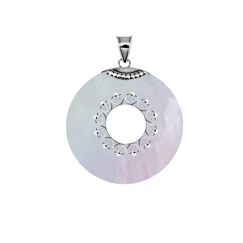 Handcrafted sterling silver round shell pendant with filigree heart design, artisan Bali jewelry for elegant everyday style.