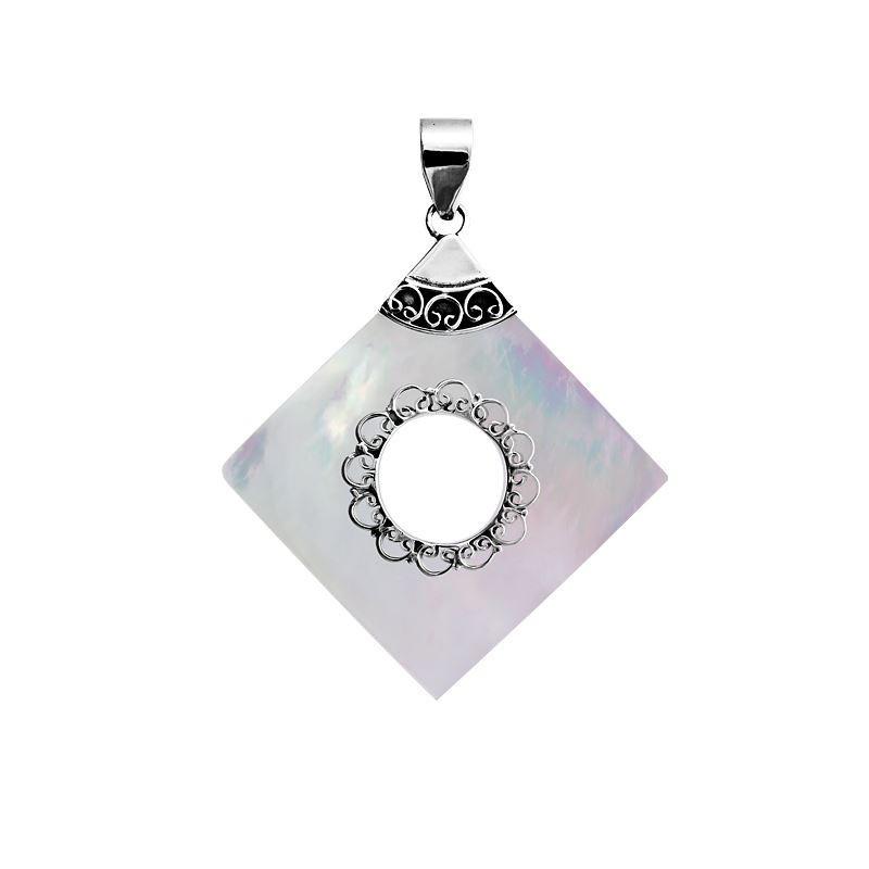 Handcrafted sterling silver diamond-shaped shell pendant with filigree detailing, artisan Bali jewelry with natural shimmer.