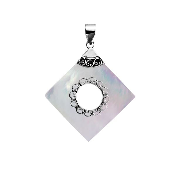 Handcrafted sterling silver diamond-shaped shell pendant with filigree detailing, artisan Bali jewelry with natural shimmer.
