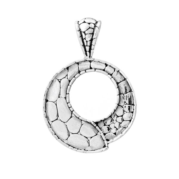 Handcrafted sterling silver round pendant with pebble-textured design and open circle center, artisan Bali jewelry for everyday elegance.