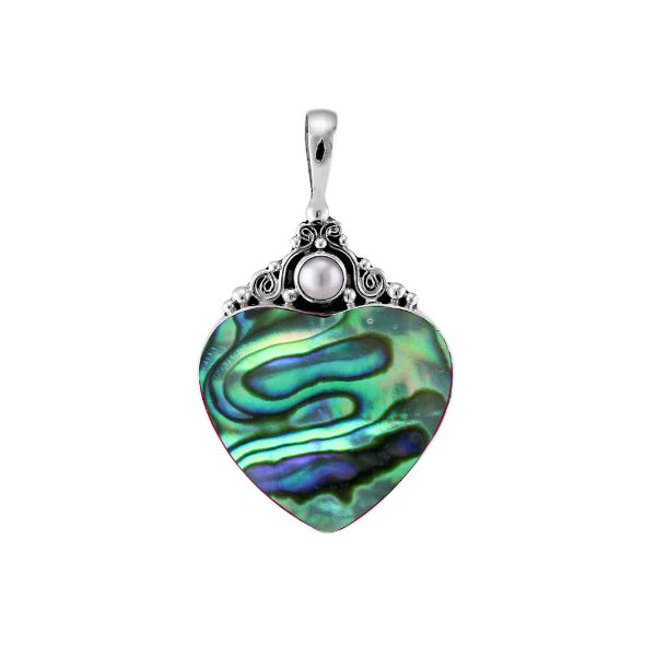 Handcrafted sterling silver heart pendant with shimmering abalone shell and luminous Mother of Pearl accent, artisan Bali jewelry with ocean-inspired elegance.