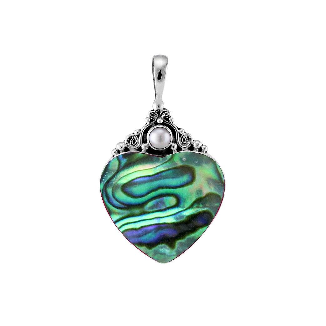 Handcrafted sterling silver heart pendant with shimmering abalone shell and luminous Mother of Pearl accent, artisan Bali jewelry with ocean-inspired elegance. 