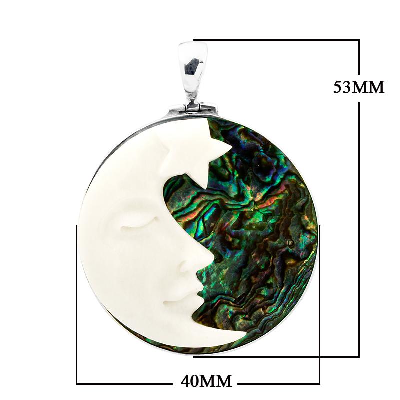 Handcrafted sterling silver round pendant with carved bone face and shimmering abalone shell inlay, artisan Bali jewelry with unique spiritual design.
