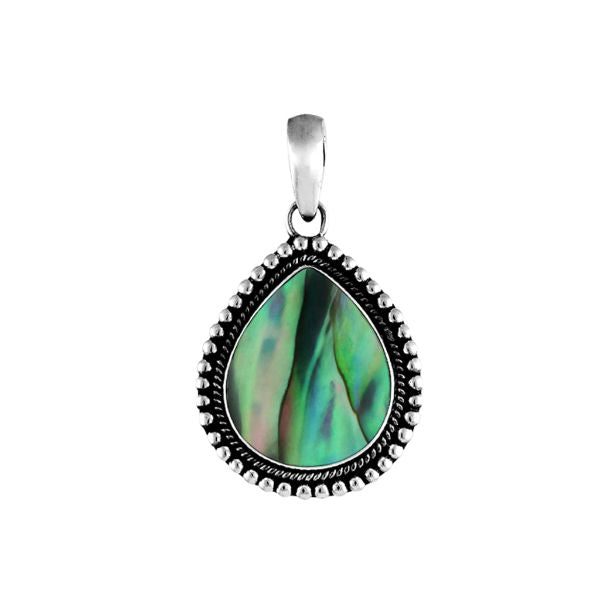 Handcrafted sterling silver pear-shaped pendant with vibrant abalone shell centerpiece, accented with a granulated rope design, artisan Bali jewelry for everyday elegance.