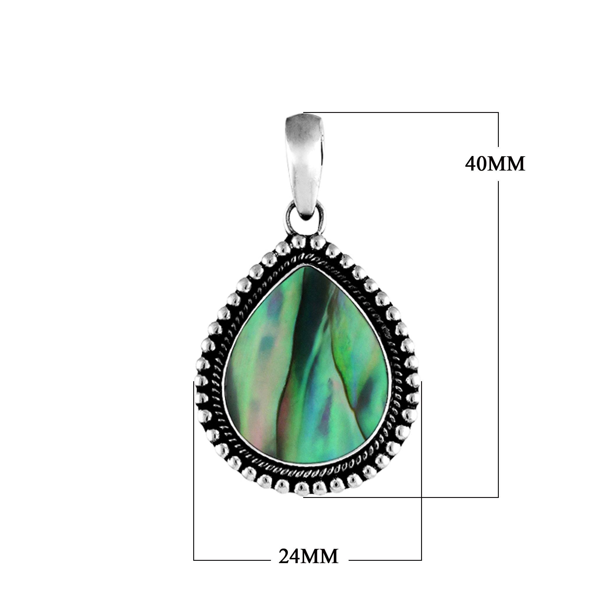 Handcrafted sterling silver pear-shaped pendant with vibrant abalone shell centerpiece, accented with a granulated rope design, artisan Bali jewelry for everyday elegance.