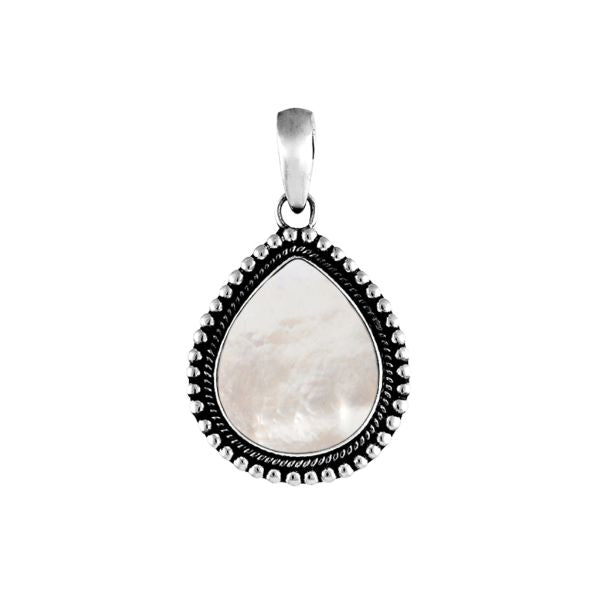 "Sterling silver pear-shaped pendant with shimmering mother of pearl and decorative rope border, handcrafted Bali artisan jewelry."