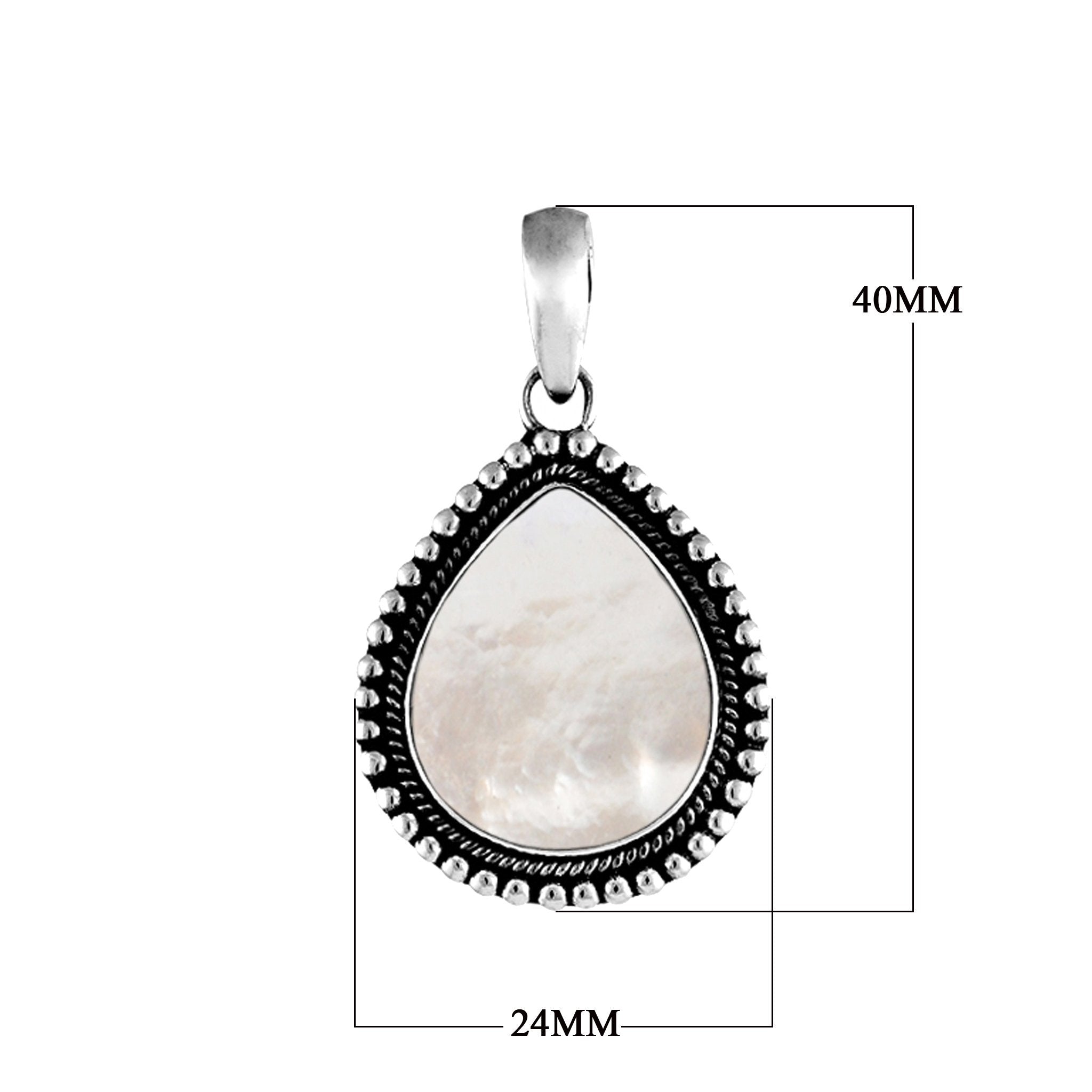 "Sterling silver pear-shaped pendant with shimmering mother of pearl and decorative rope border, handcrafted Bali artisan jewelry."