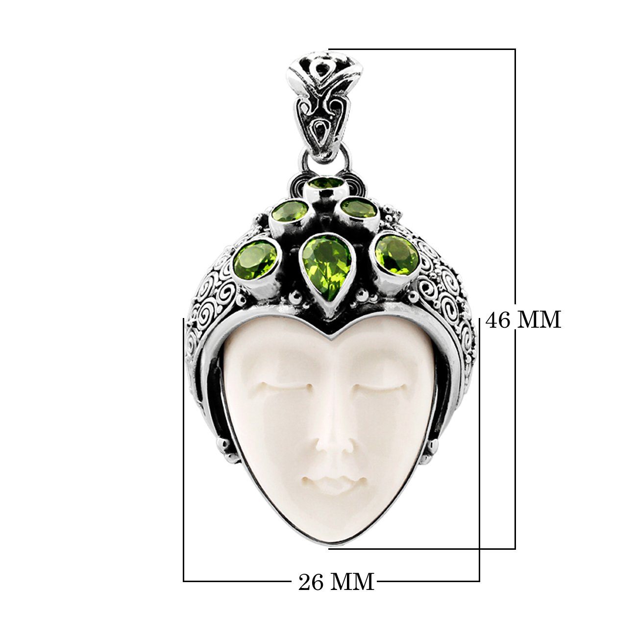 Sterling silver pendant with hand-carved bone face and sparkling peridot gemstones, unique Bali artisan jewelry.